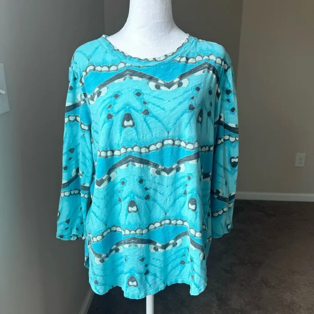Fresh Produce Women's 3/4 Sleeve Cotton Tunic Top Blue L Made in USA Casual